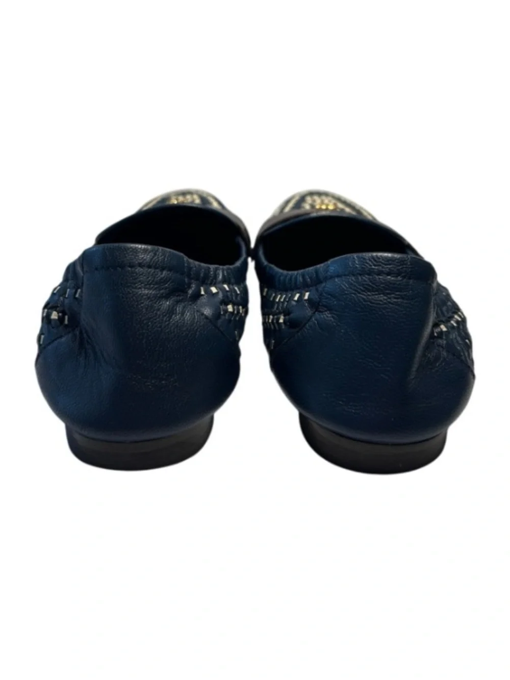 Tory Burch Woven Leather Ballet Loafers, slip-on, almond toe, double-T logo.